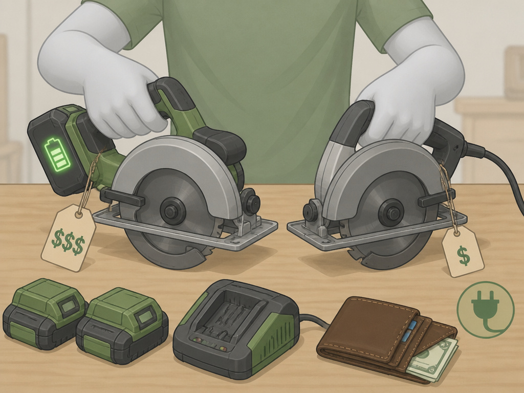 Cost comparison of cordless and corded circular saws with batteries.