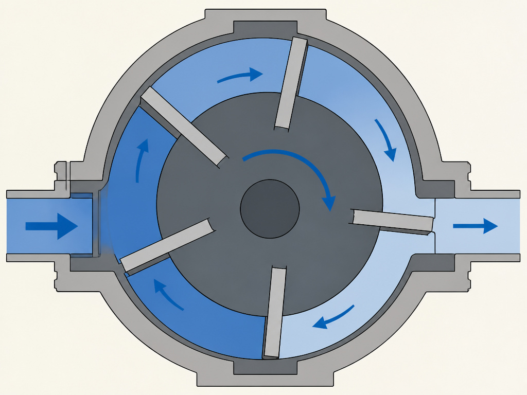 Diagram showing the internal working mechanism of a rotary vane air compressor.