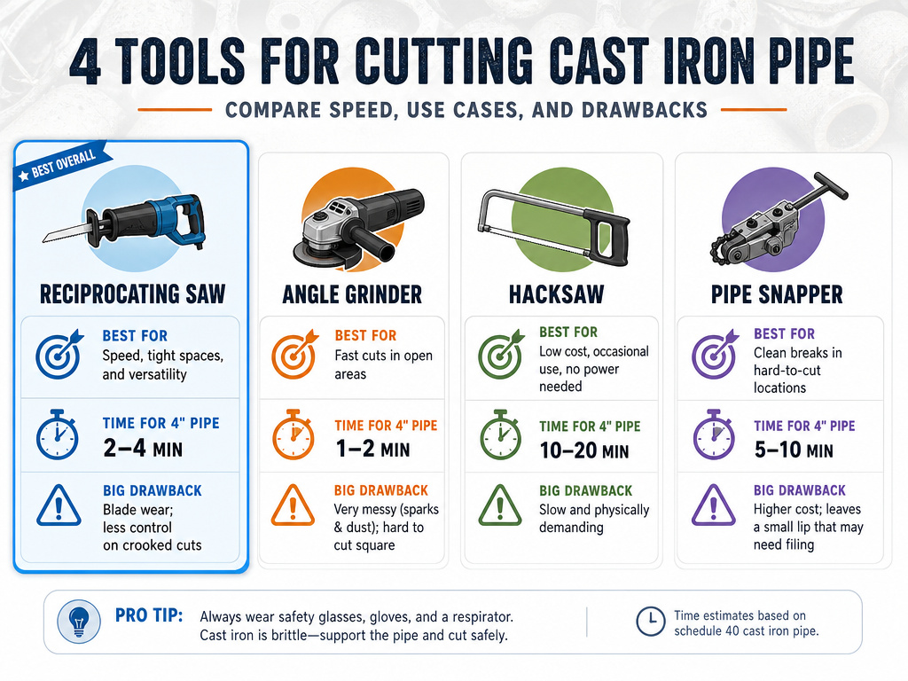 Comparison chart of reciprocating saw, angle grinder, hacksaw, and pipe snapper for cutting cast iron.