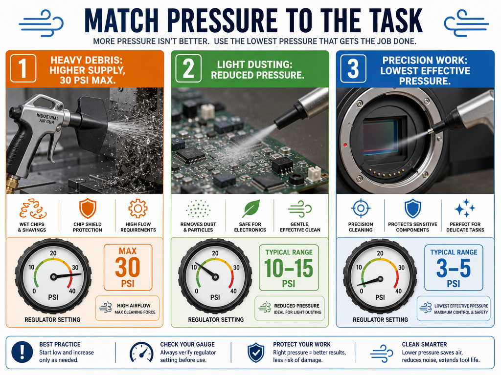 Infographic on adjusting air blow gun pressure for heavy, light, and precision tasks.
