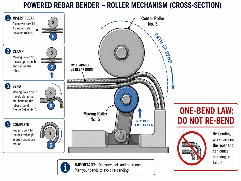 Diagram of rebar bender rollers showing bend geometry and the one-bend rule.