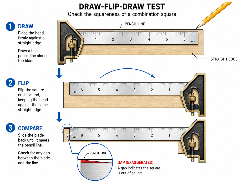 Draw-flip-draw test showing gap when checking a combination square for accuracy