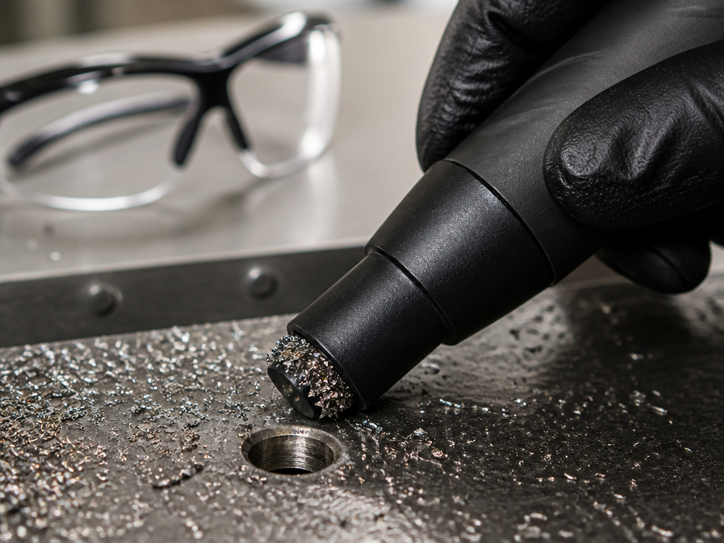 Cleaning metal shavings from a rivet hole with a magnetic shop vacuum nozzle.
