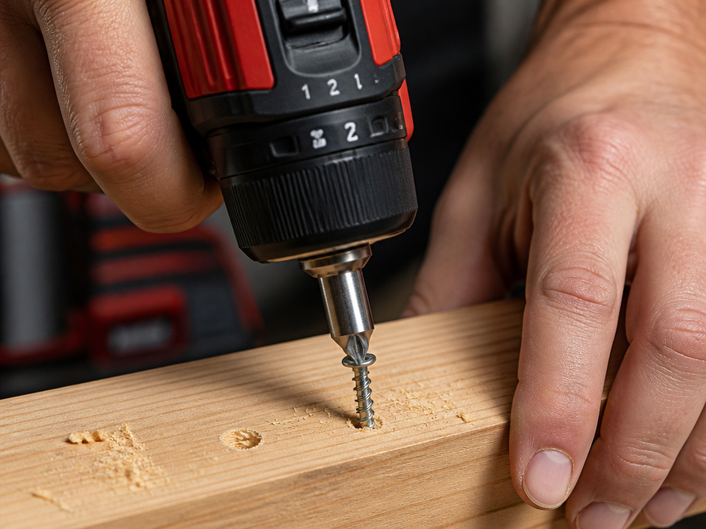 Close-up of a cordless drill driving a screw into wood using correct settings.