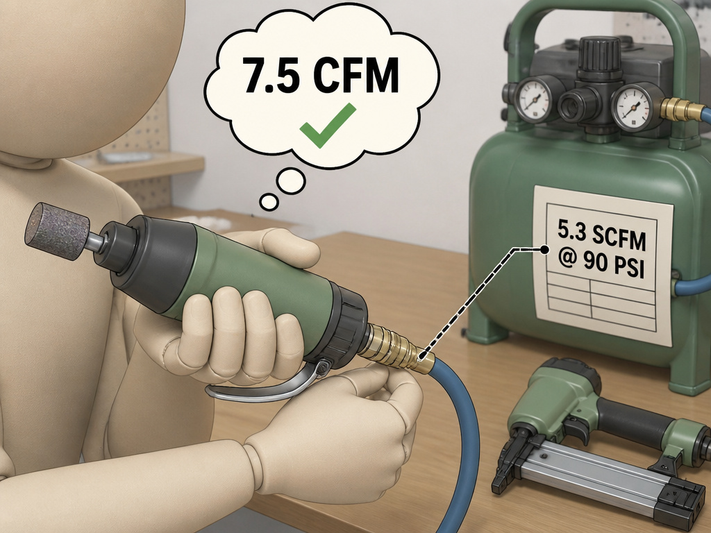 Calculating required air compressor CFM to match a die grinder's air consumption.