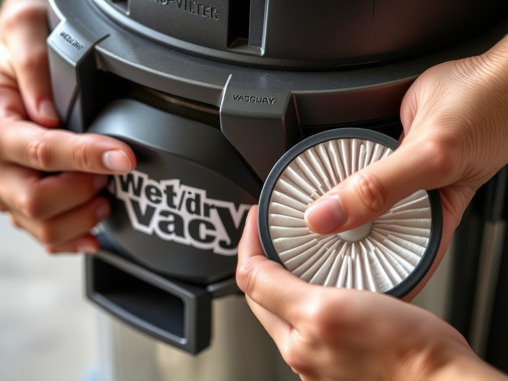 Close-up of shop vac wet/dry label and dry filter for water vacuuming safety.