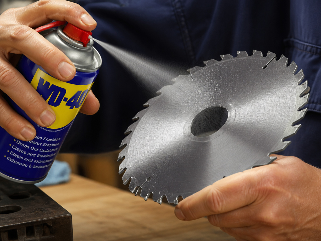 Spraying WD-40 lubricant onto a clean metal saw blade to prevent rust.