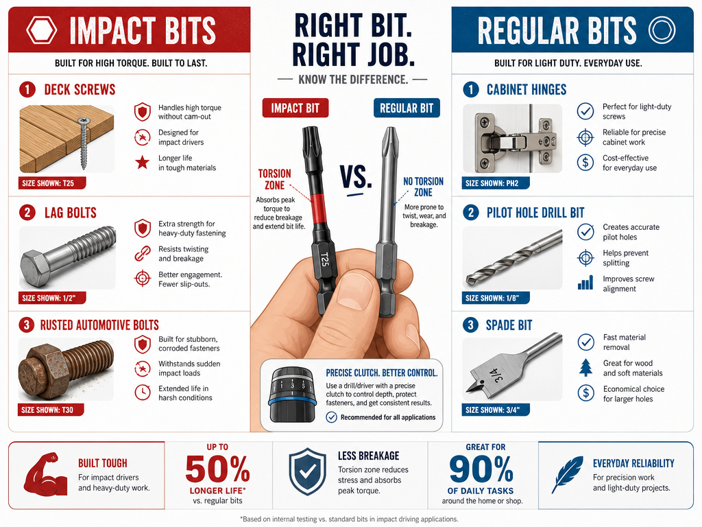 Infographic comparing impact driver bit and regular drill bit uses for different jobs.
