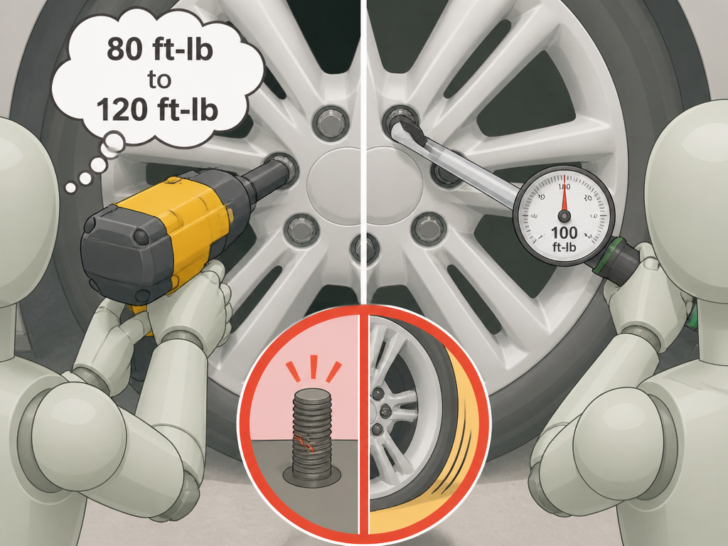 Cartoon comparing impact wrench torque variance versus torque wrench precision on lug nuts
