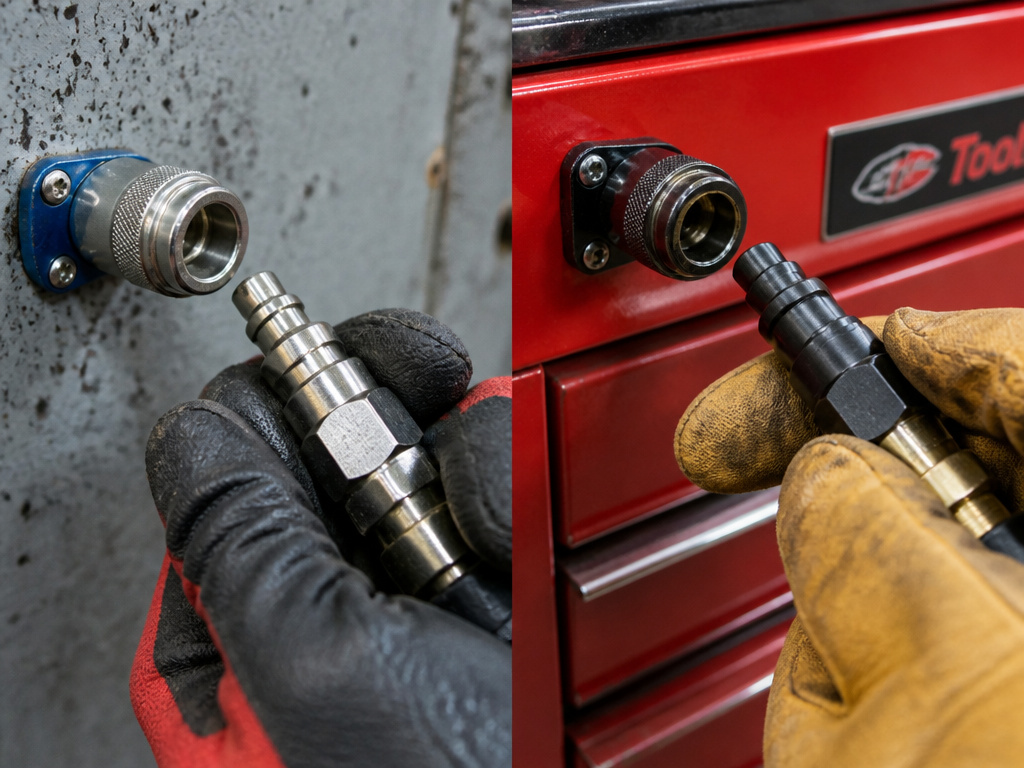 Industrial and automotive air coupler plugs compared in workshop and garage settings.