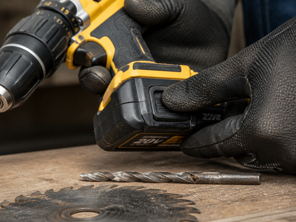 Close-up of hands inspecting a cordless drill body and damaged accessories