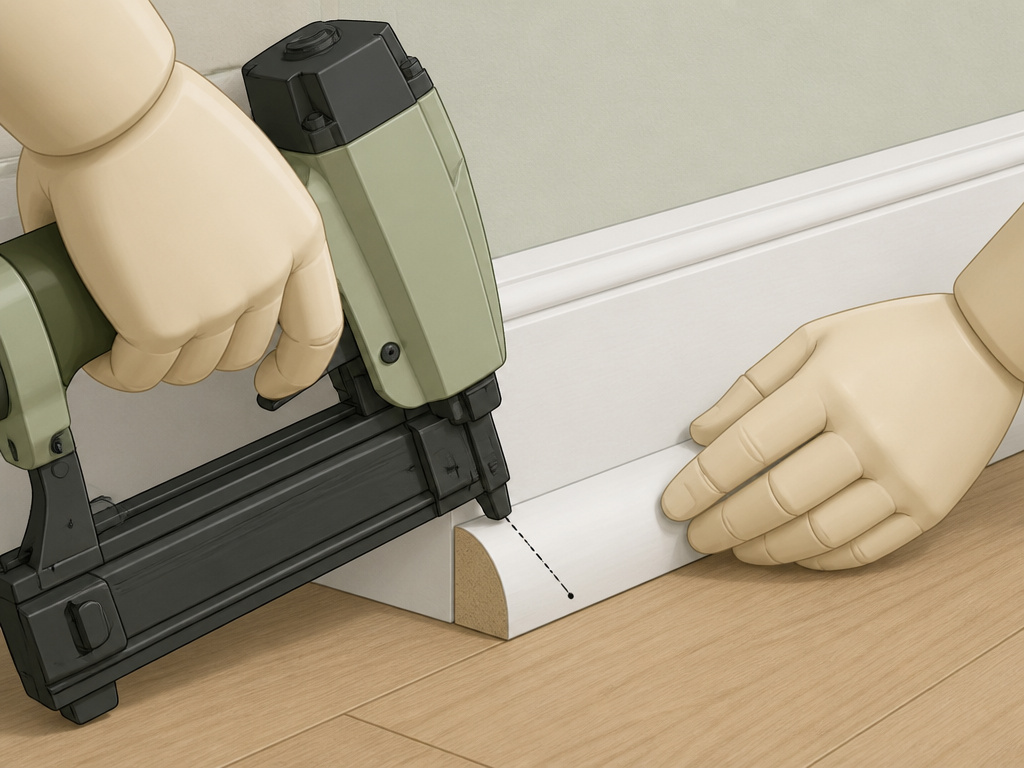 Proper toe-nailing technique for installing quarter round molding with a brad nailer.