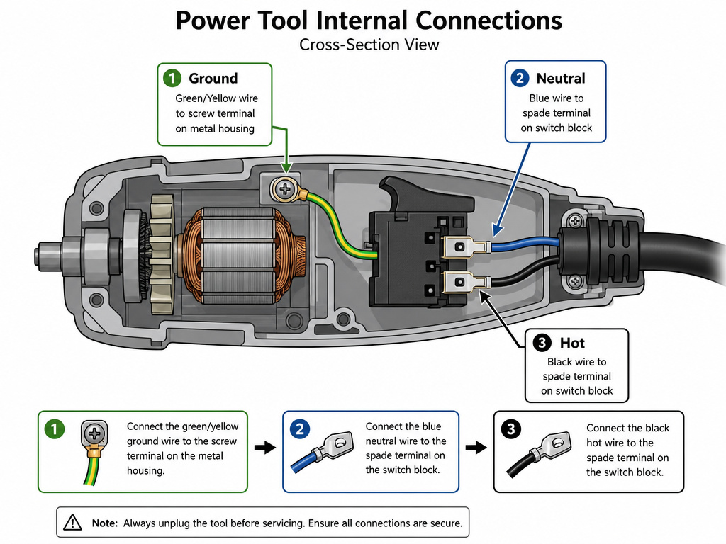 Internal wiring diagram showing power tool cord color codes and terminal connections.