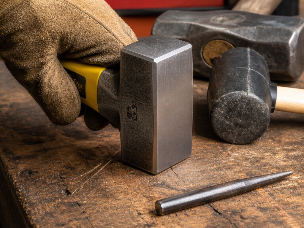 Drilling hammer placed between rubber mallet and sledgehammer on workbench