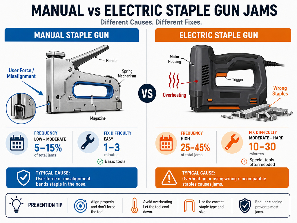 Comparison of jamming causes and reliability in manual versus electric staple guns