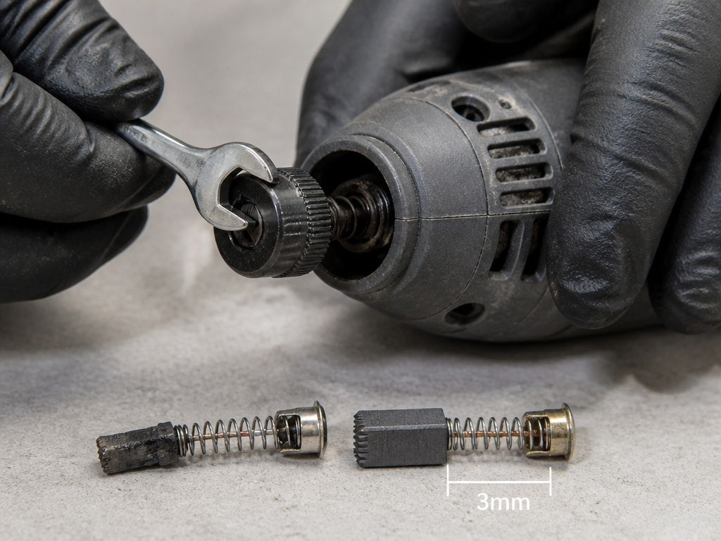 Close-up of inspecting and replacing worn carbon brushes in a rotary tool.