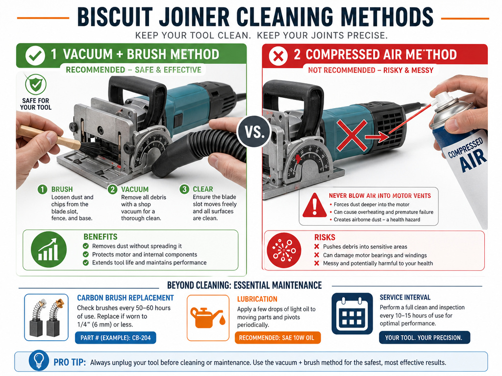 Biscuit joiner maintenance comparison: compressed air vs. Brush and vacuum methods.