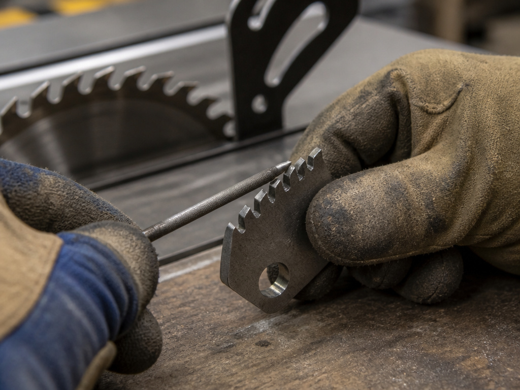 Close-up of sharpening anti-kickback pawl teeth with a small file.
