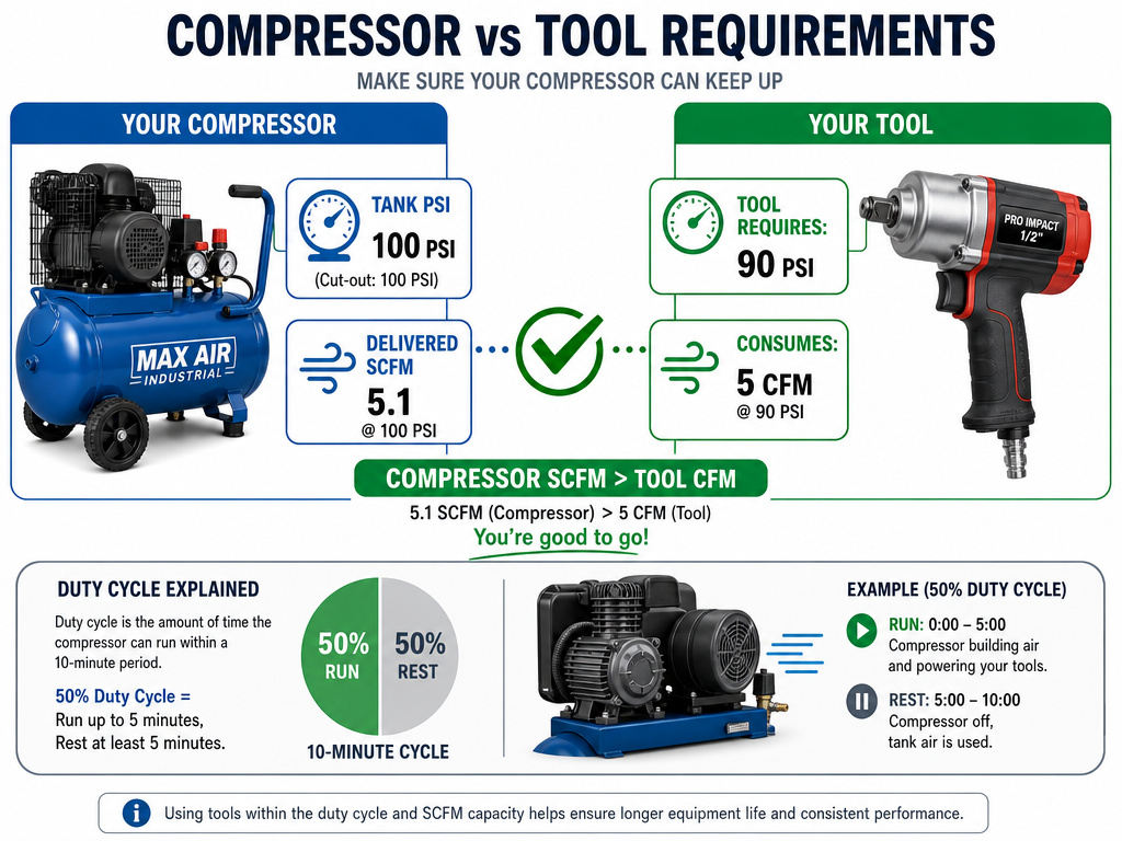 Infographic comparing air compressor CFM and PSI to tool requirements for proper matching.
