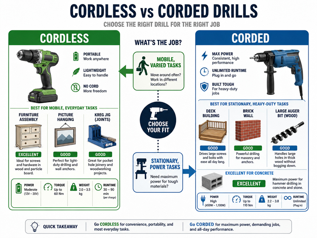 Infographic comparing cordless and corded drill uses for different DIY projects.