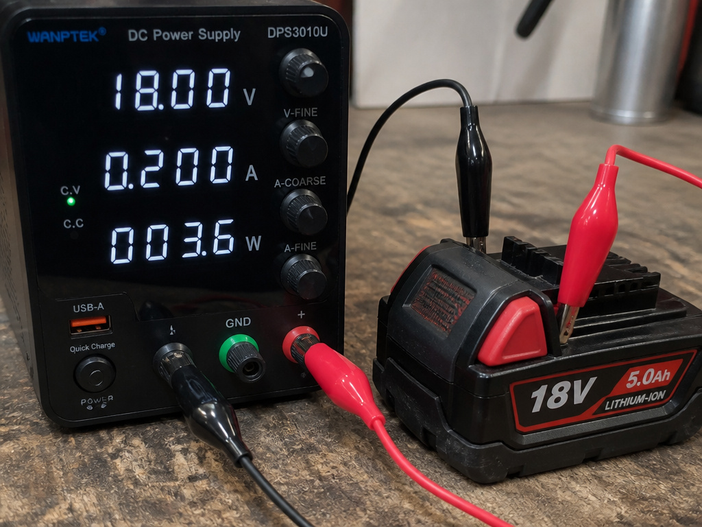 Using a bench power supply to safely revive a dead power tool battery pack.