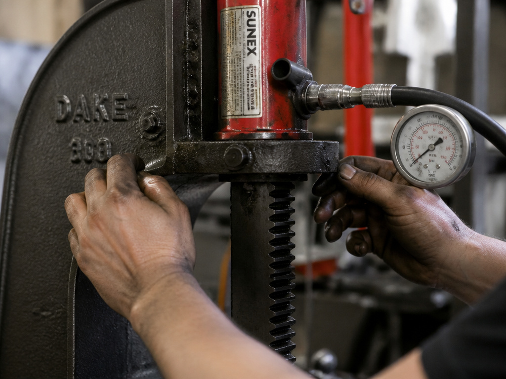 Modified arbor press with added hydraulic jack and pressure gauge for hybrid operation.