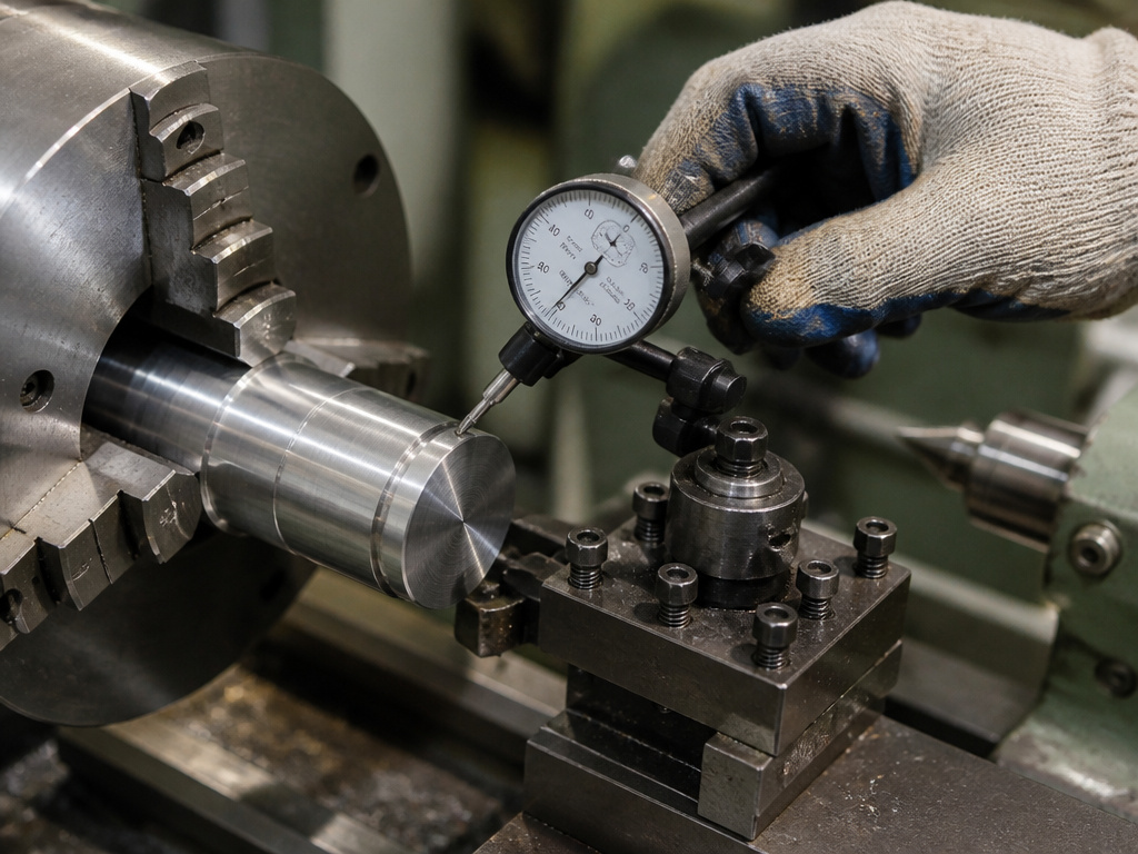 Machinist using a dial indicator to check workpiece runout on a metal lathe.