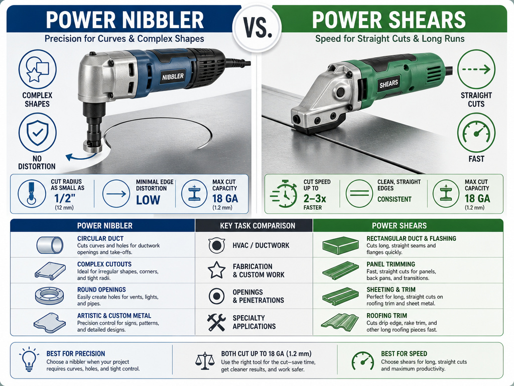 Infographic comparing metal nibbler vs shears for cutting curves and straight lines.