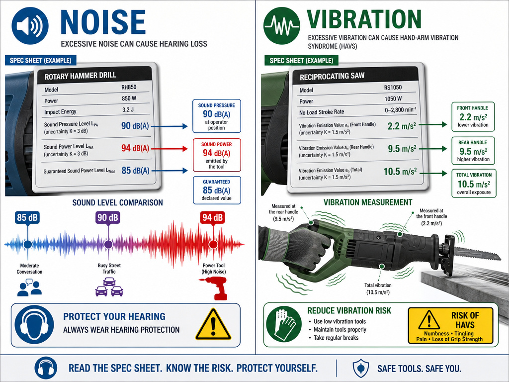 Infographic comparing power tool noise levels in dB and vibration in meters per second squared.