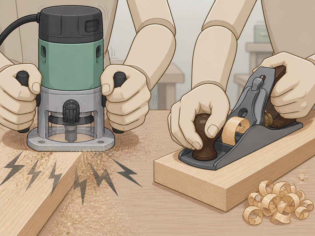 Comparison of noisy dusty power router versus quiet clean hand plane in workshop