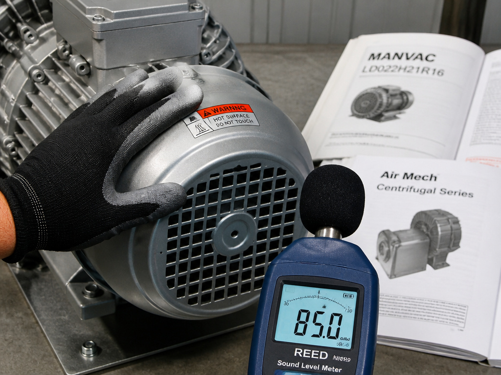 Technician checking noise and heat on regenerative versus centrifugal blower units.