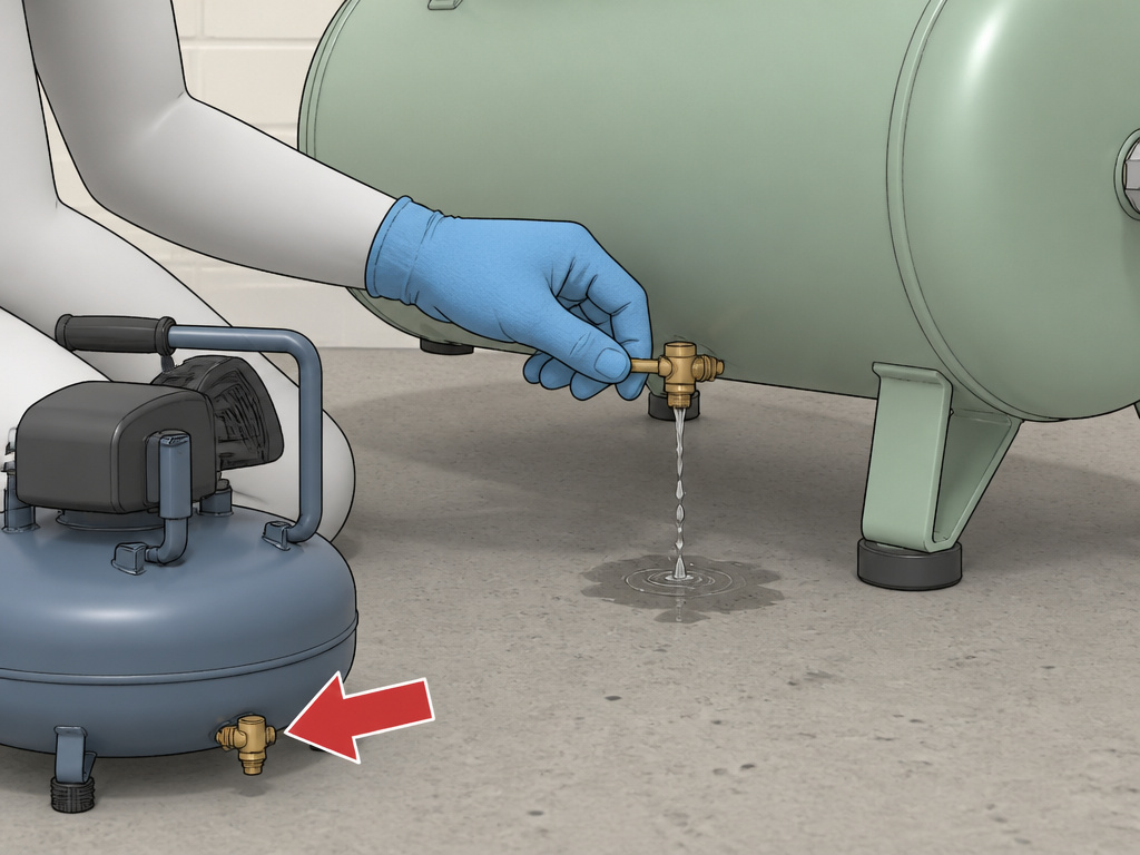 Draining water from a hotdog air compressor tank to prevent rust.
