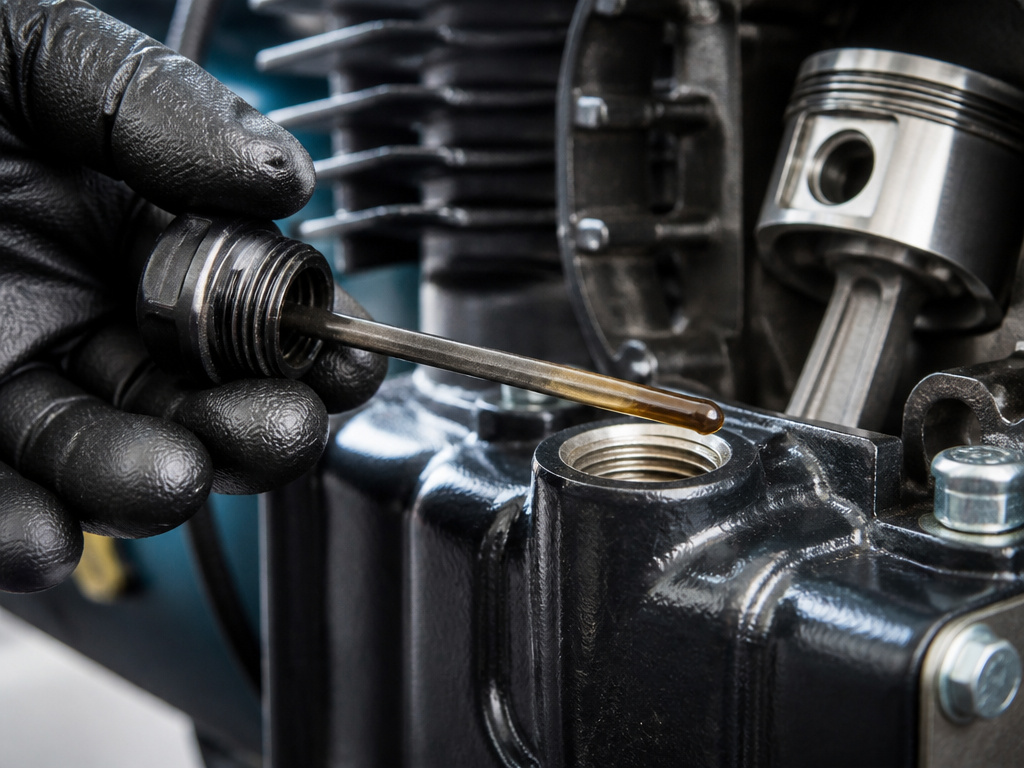 Checking oil level in an oil-lubricated air compressor piston pump.