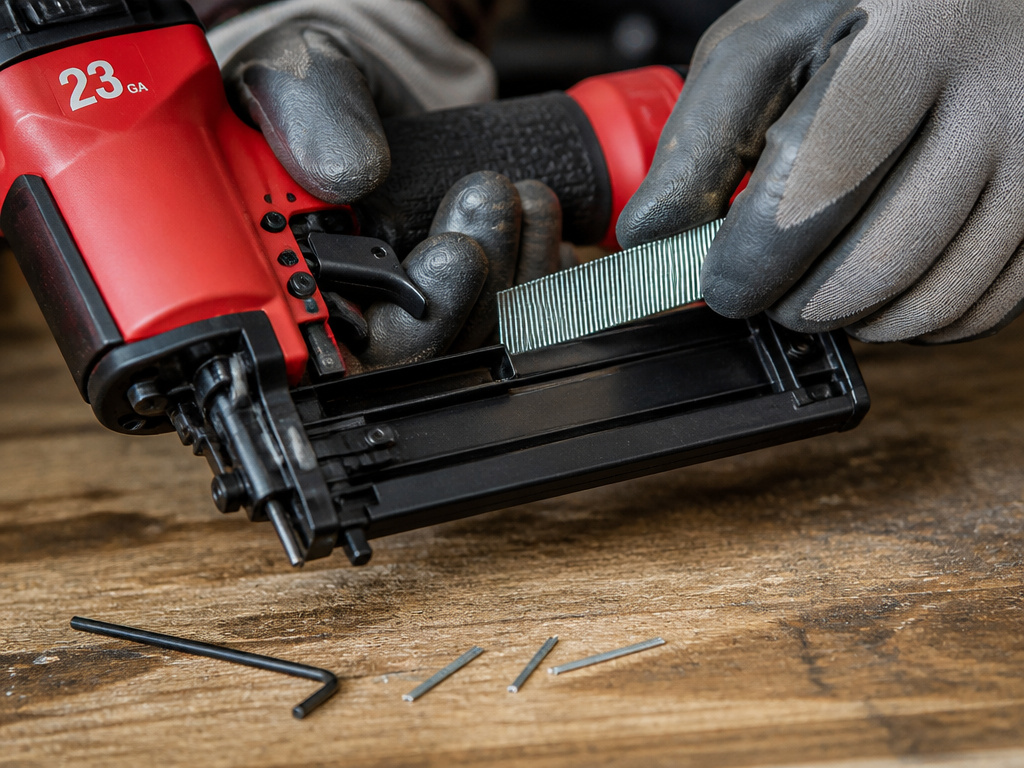 Close-up of loading pin nails into a 23 gauge pin nailer magazine.