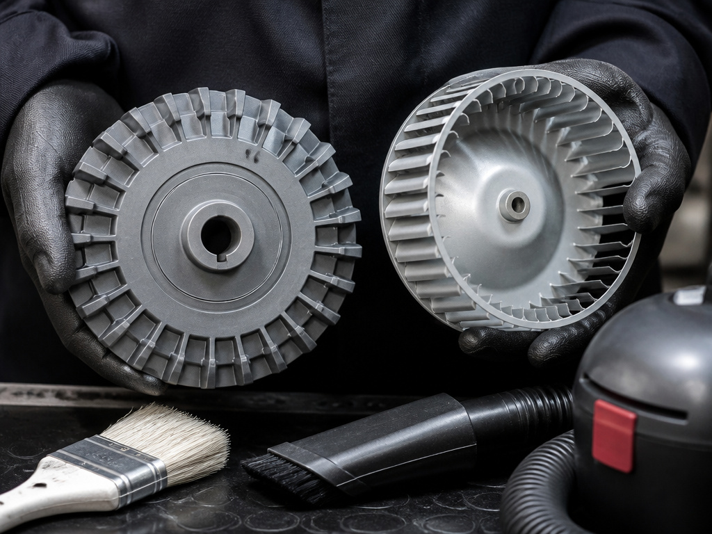 Comparison of regenerative and centrifugal blower impellers and maintenance tools.