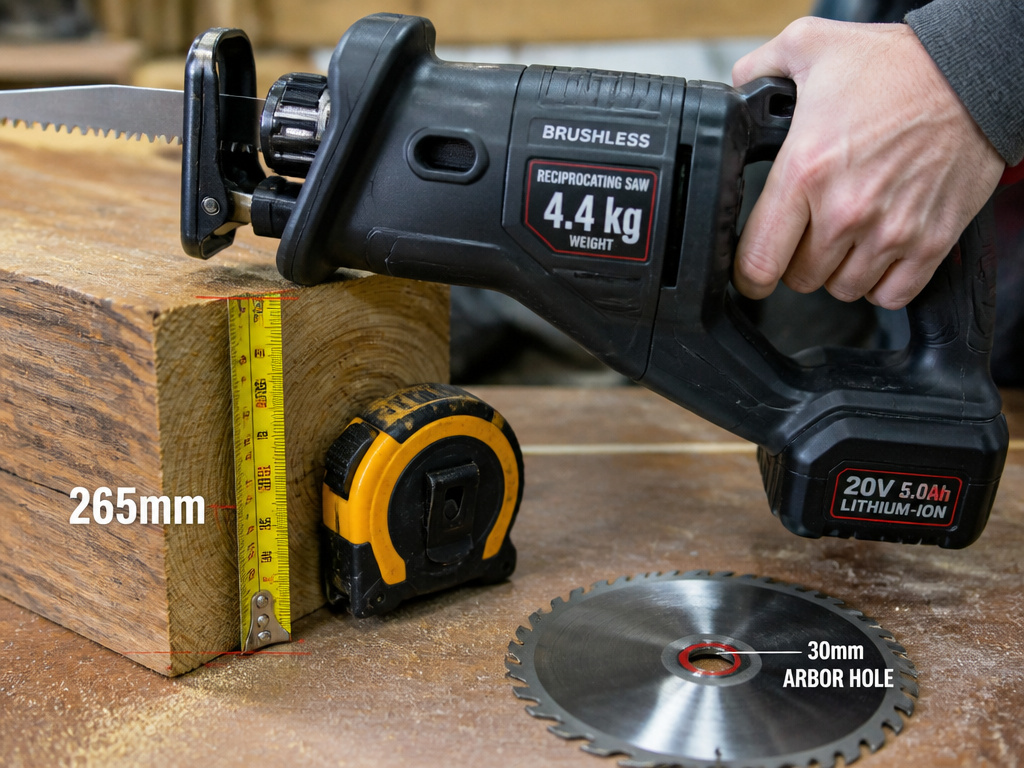 Close-up of power tool weight label, cutting capacity measurement, and chuck size.