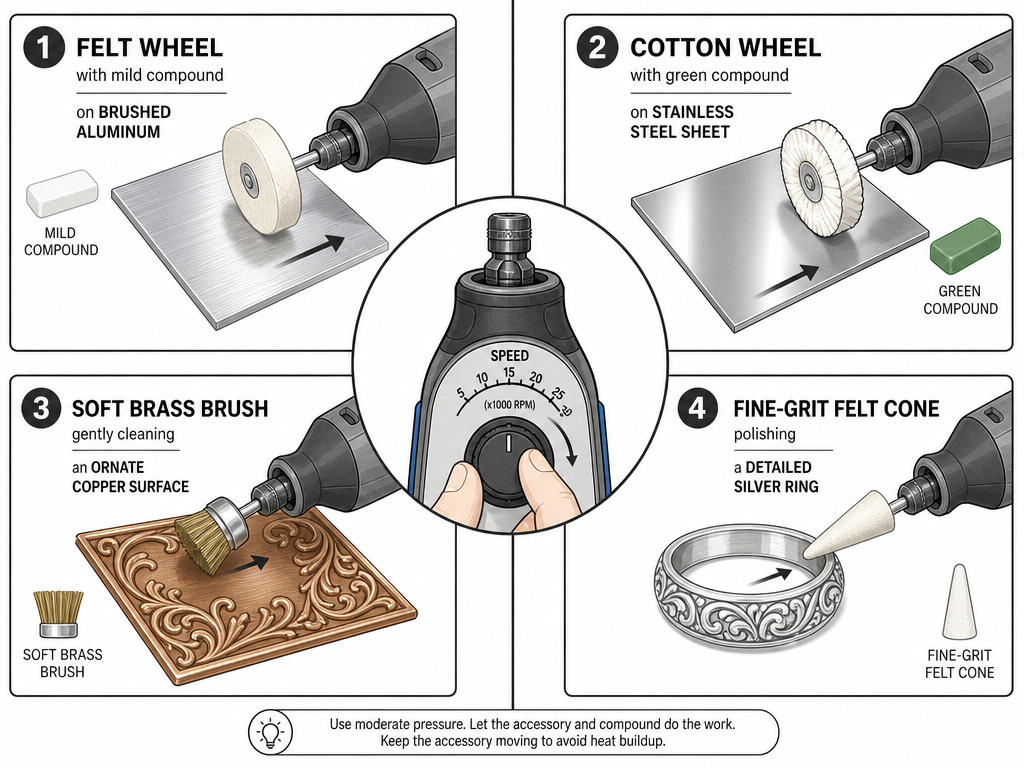 Diagram of rotary tool accessories for polishing aluminum, steel, copper, and silver.