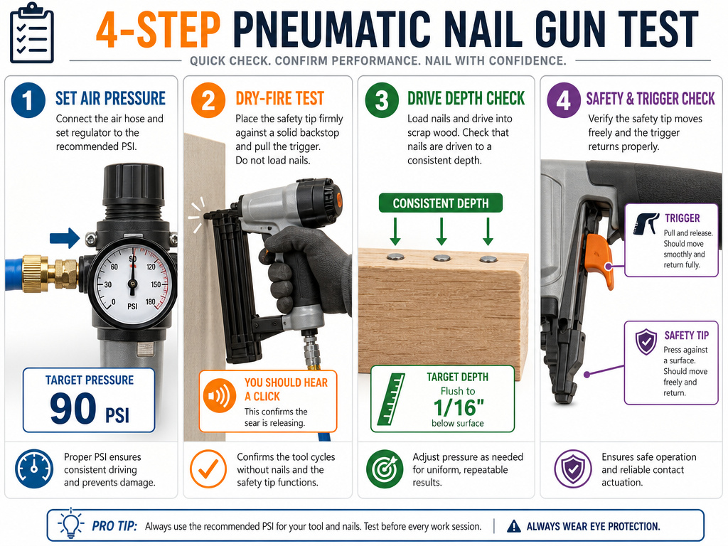 Four-step infographic for post-rebuild nail gun testing and adjustment procedure.