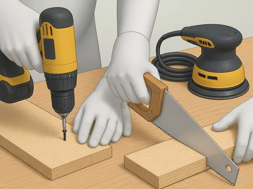 Cordless drill, hand saw, and corded sander on a workbench comparing tool power sources.