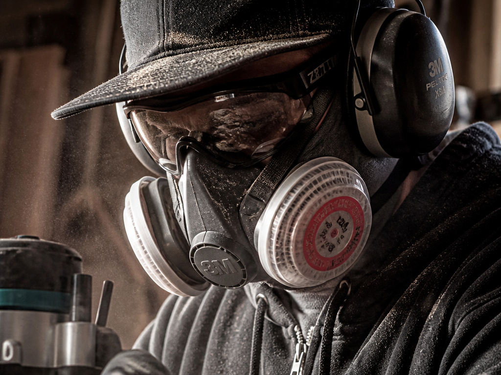 Proper PPE system including safety glasses, earmuffs, and respirator in a home workshop.