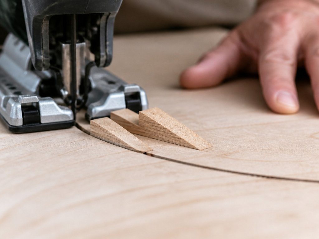 Using wooden wedges to support a circle during jigsaw cutting.