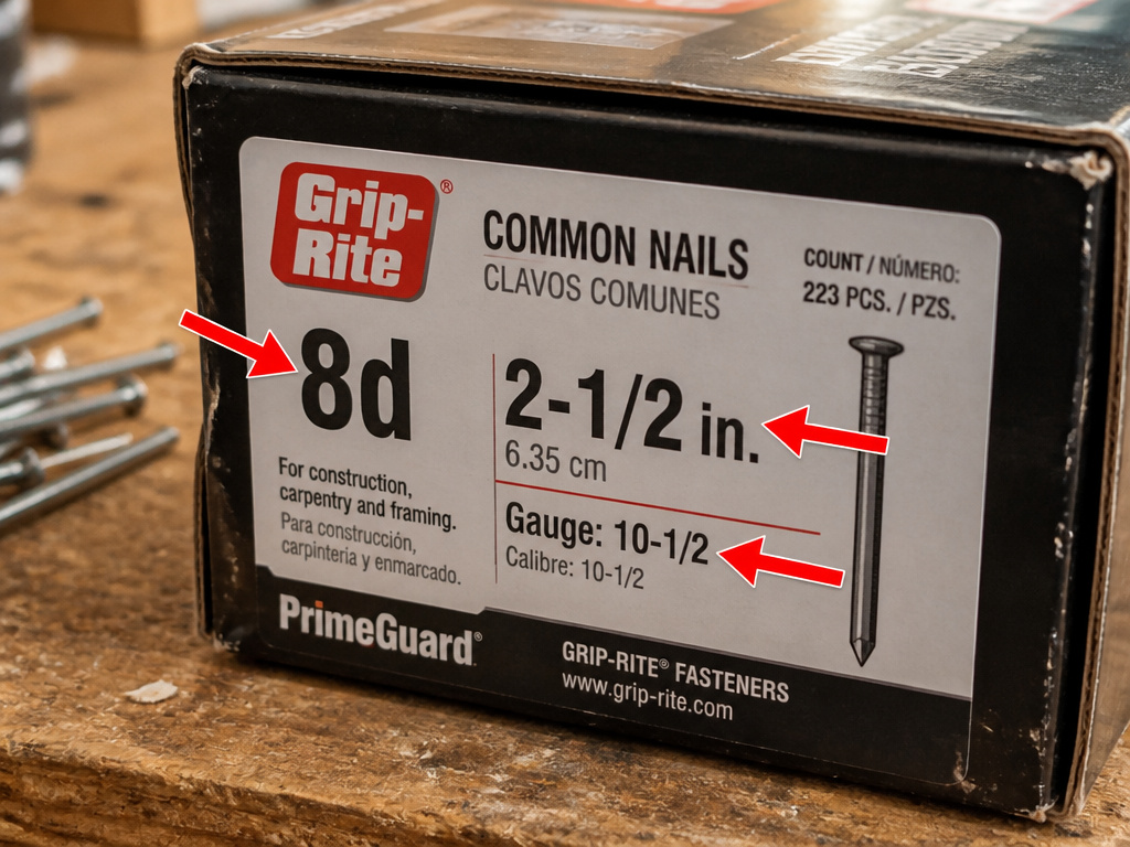 Close-up of a nail box label showing penny size, length, and gauge markings.