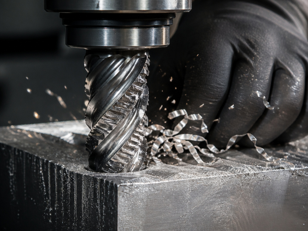Close-up of a serrated roughing end mill removing metal chips from aluminum.