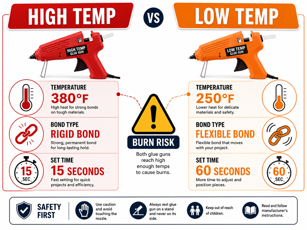 Infographic comparing high and low temperature glue gun safety, strength, and working time.