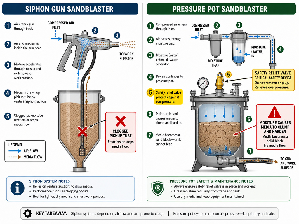 Diagram comparing siphon and pressure sandblaster maintenance and safety components.