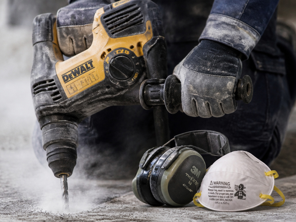 Rotary hammer drilling concrete with required safety gear for noise and silica dust.