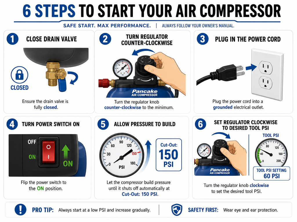 Steps to set pressure and start a pancake air compressor safely