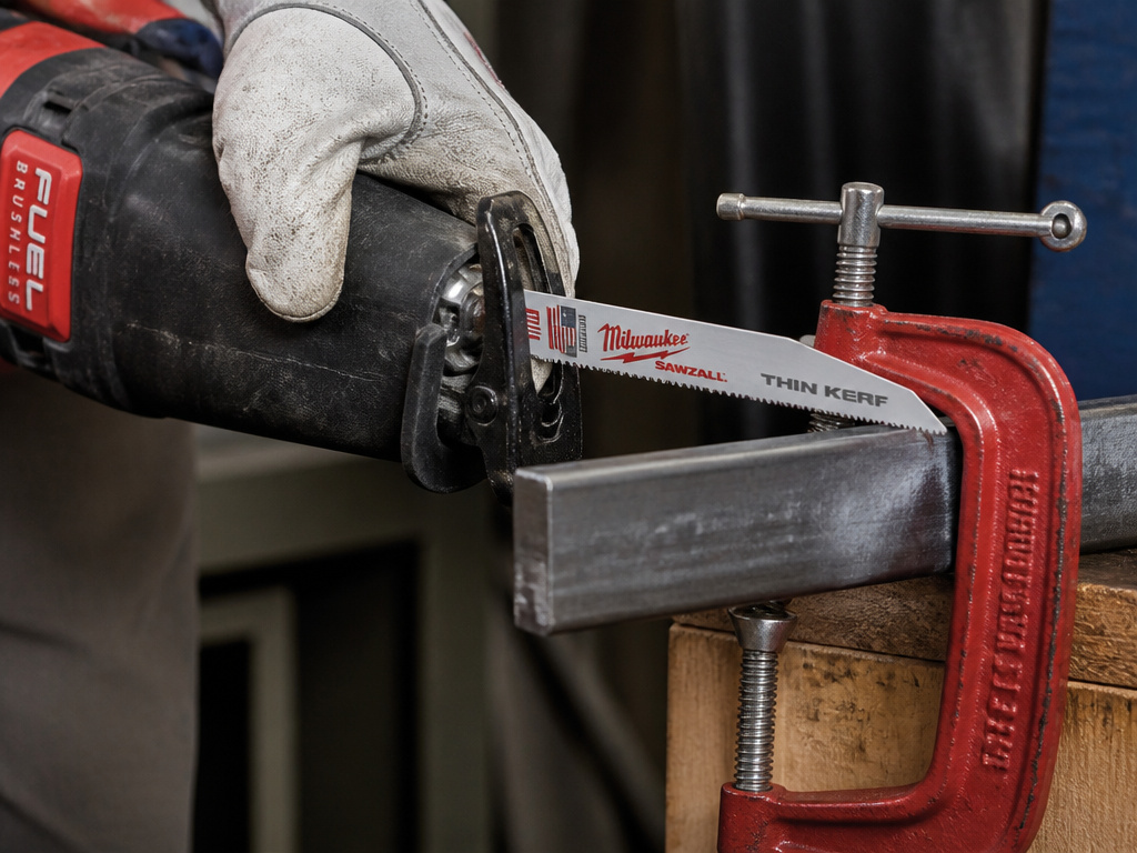 Securing metal workpiece with C-clamp before cutting with reciprocating saw.