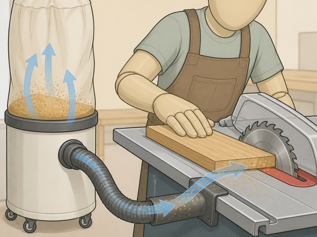 Single-stage dust collector on wheels connected to a table saw in a workshop.