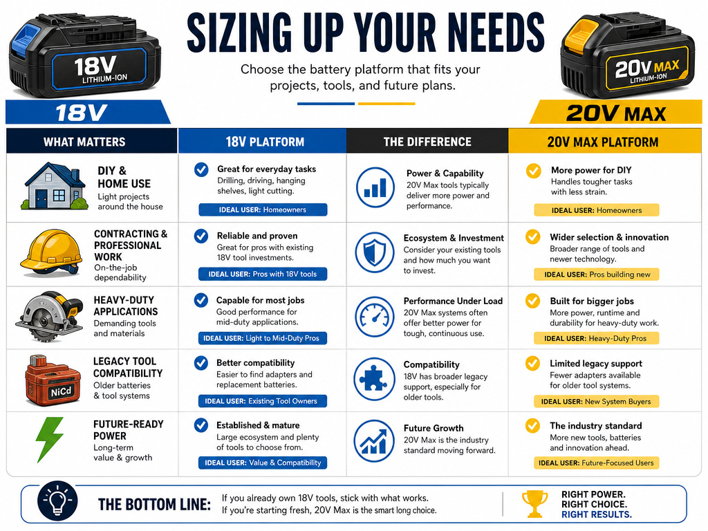 Decision guide table comparing 18v and 20v max battery uses for DIY and professional work.